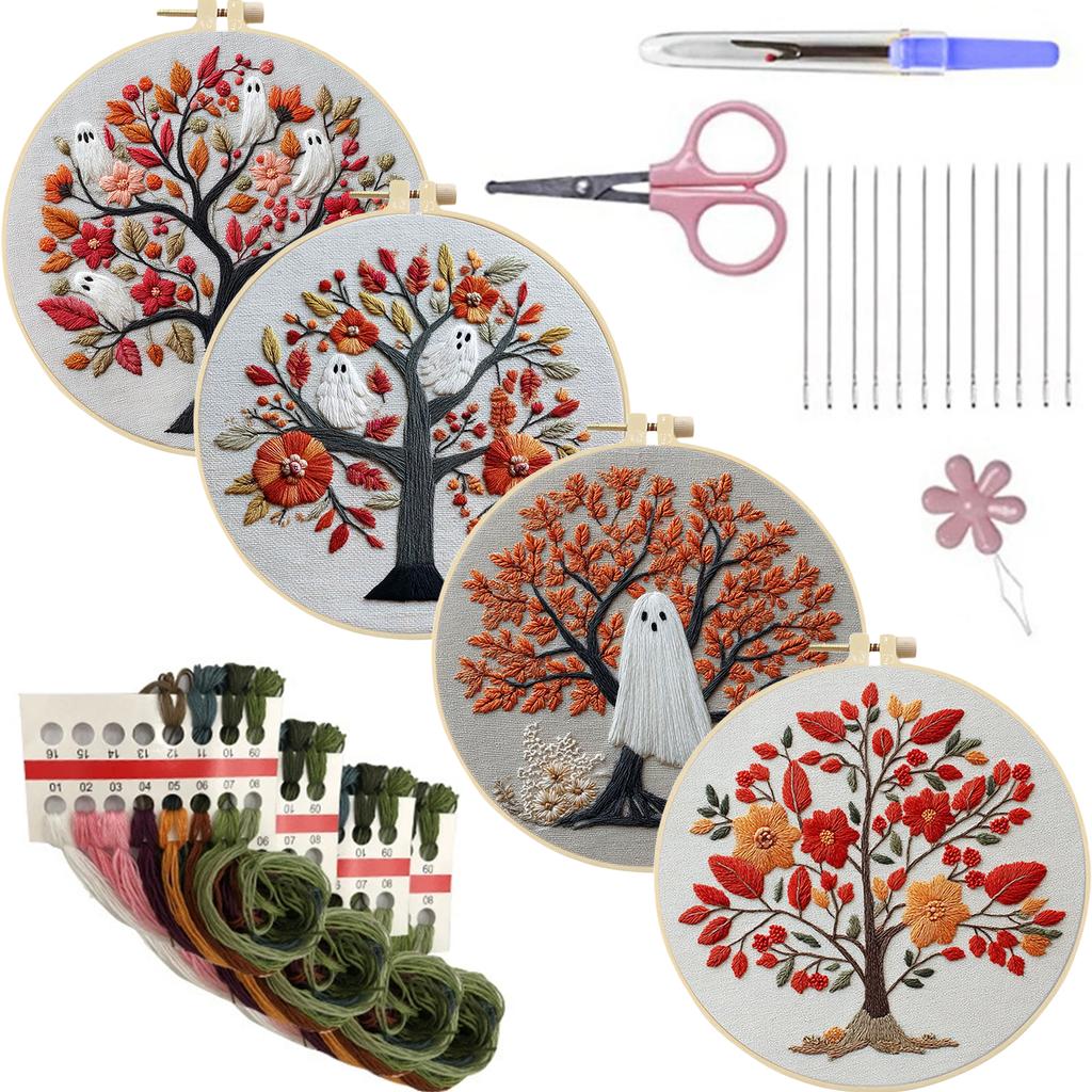 4pcs Stamped Cross Stitch Kits with Embroidery Hoop Needles Threads Instruction Cross Stitch Starter Kit with Halloween Patterns