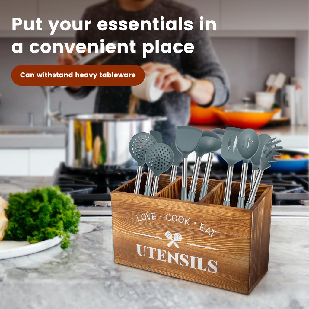Organizér na kuchyňskou desku a úložný prostor na kuchyňské náčiní Dřevěný držák na kuchyňské náčiní 3 přihrádky Pevný držák na příbory