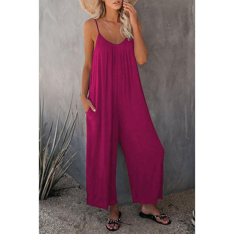 Women's V-Neck Spaghetti Strap Rompers Loose Wide Leg Long Jumpsuit With Pockets