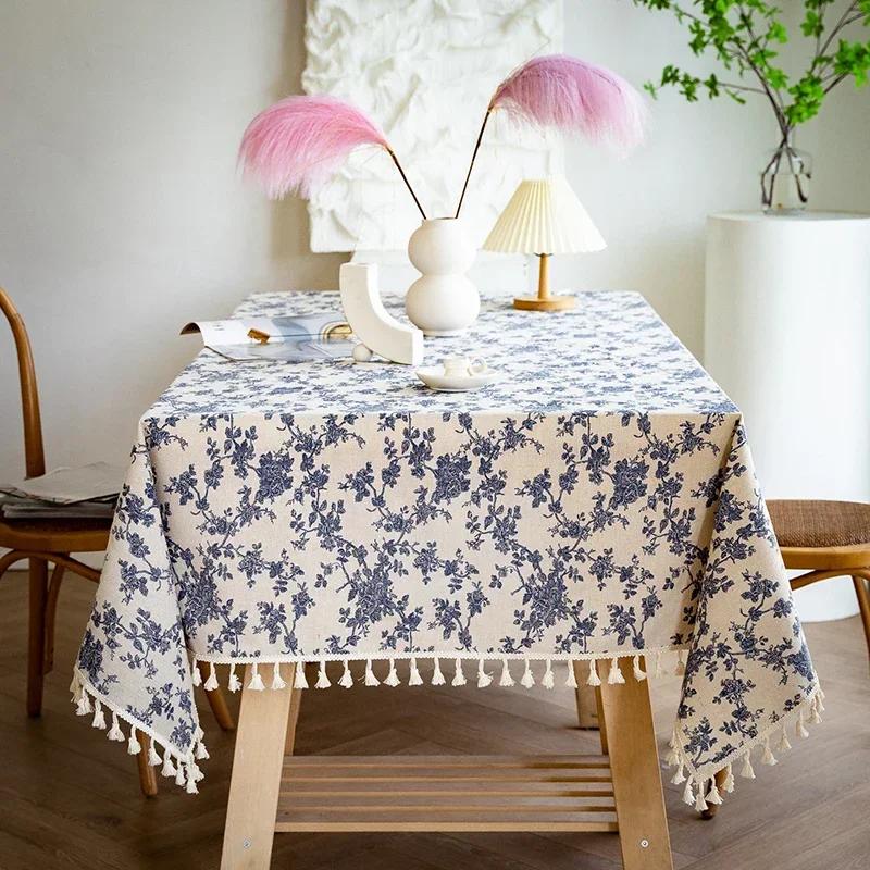 Green Printed Pines Birds Tablecloths Rectangle Cotton Linen Table Cloth Table Cover for Kitchen Dining Tables Picnic Decoration