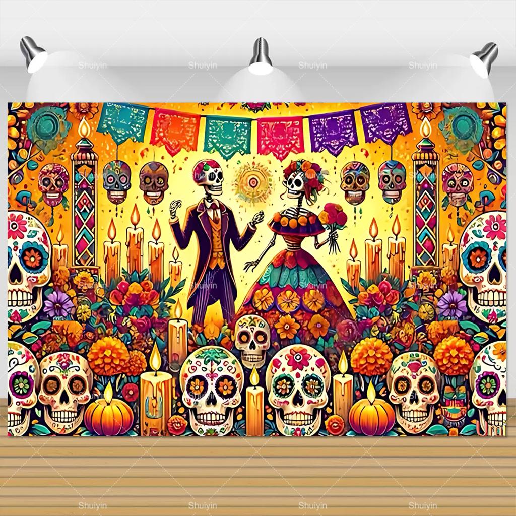 Tło Fotograficzne Dzień Zmarłych Czaszka Nagietek Meksykańska Fiesta Día De Los Muertos Dekoracja Artykuły Imprezowe Akcesoria do Studio Fotograficznego