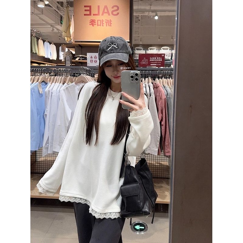 Kumikumi Idle Style White Lace Stitching Long Sleeve T-shirt Women Fall Easiest for Match Loose Slim-Fit Casual Shirt