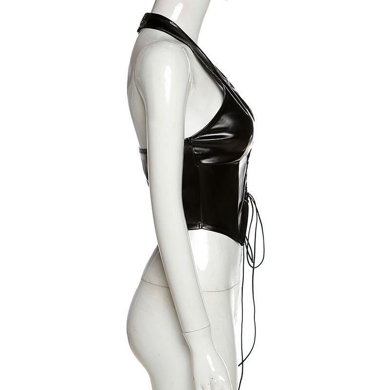 Fashion Goth Dark Grunge Pu Black Lace Up Gothic Halter Tops Punk Faux Leather Women Hollow Out Sexy Camis Fashion Streetwear Crop Tops