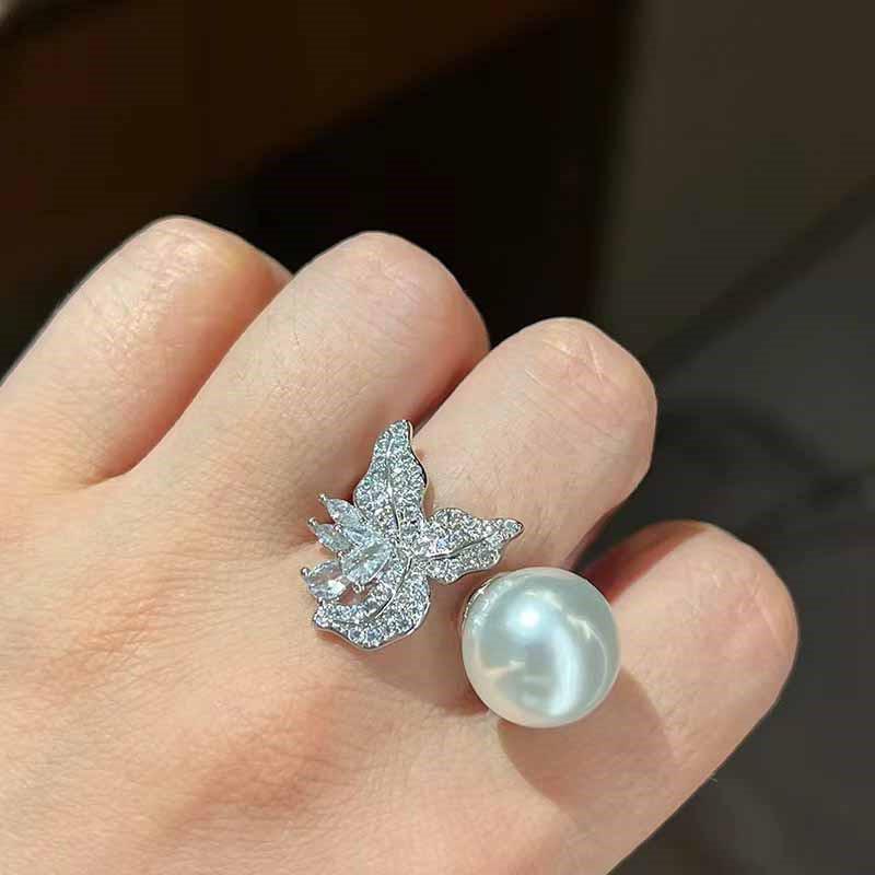 Elegant Adjustable Open Ring: High Carbon Diamond Shell Pearl & Zirconia Flower Design