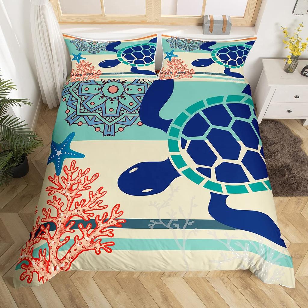 Sea Turtle Duvet Cover Set King Size Watercolor Tortoise Butterfly Comforter Cover for Boys Girly Dreaming Style Bedding Set