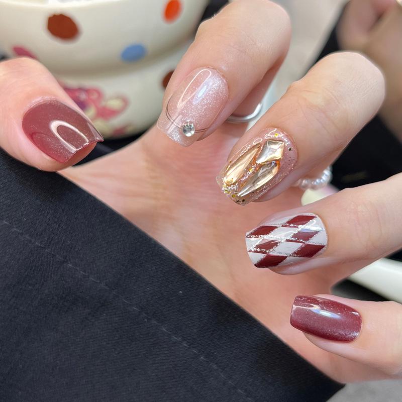 

High-End Plaid Rhinestone Handmade Removable False Nails - Spicy Girl Style Handmade Nails XS#10 pieces/bag