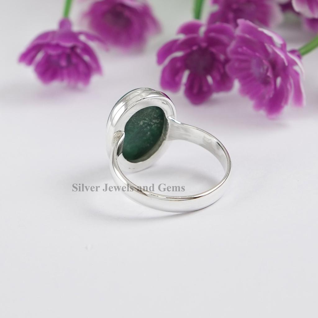 Oval Malachite Ring, 925 Sterling Silver Green Gemstone Ring