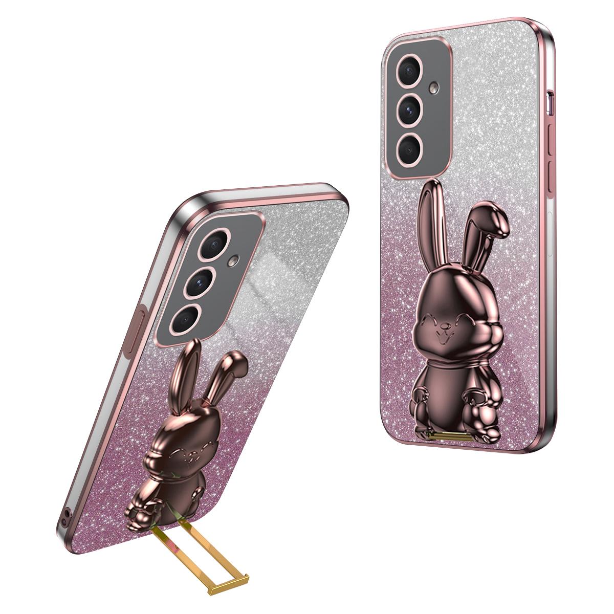 

For Samsung Galaxy A55 5G Case Hidden Pull-out Kickstand Cartoon Rabbit Anti-fall Phone Cover Pink