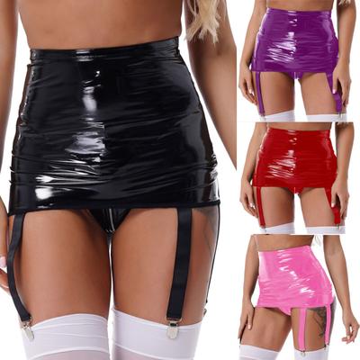 Mini jupe taille haute en Latex pour femmes, grande taille, jarretelles avec 6 sangles, support à Clip en métal, ceinture à bretelles