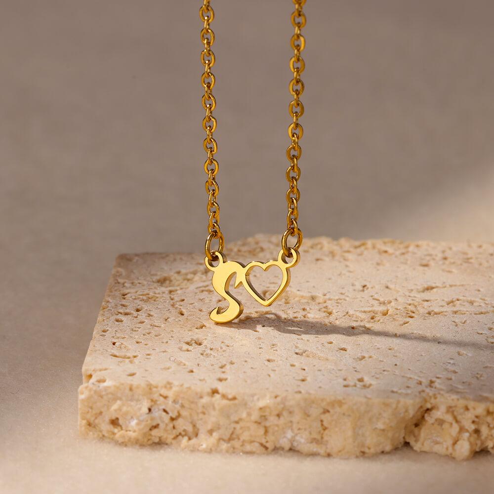 Fashion Initial Pendant Necklace For Women Letter Name Hollow Out Heart Charm Stainless Steel Gold Color Chain Jewelry Gift