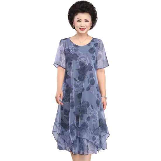

Платье миди для мамы, двухслойное платье с цветочным принтом, неровный подол, круглый вырез, короткие рукава, тонкое, мягкое женское платье больших размеров, длиной до середины икры 3XL синий/серый