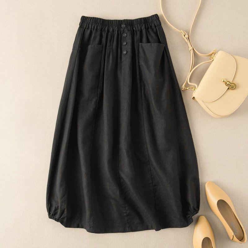 Gonna Midi A-line da Donna Taglie Forti Stile Retro Imitazione Lino Vita Alta Modellante