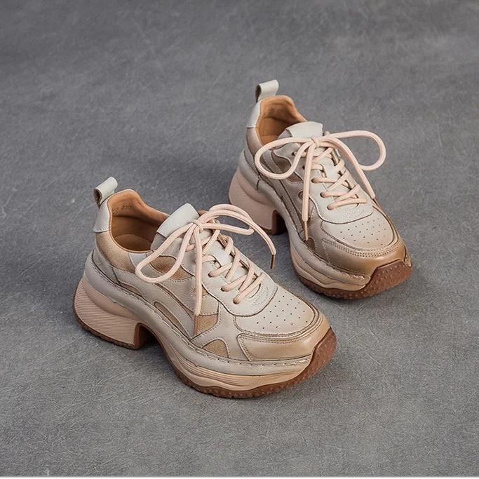 Johnature Casual Thick Heel Lace-up High Heel Pumps Versatile Comfortable And Lightweight Women's Shoes