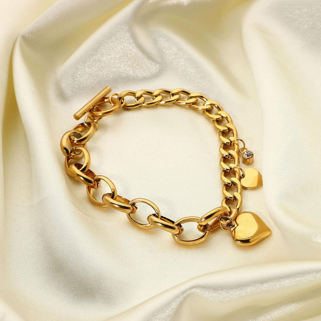 Cuban Chain Oval Chain Double Love Small Round Zirconium Pendant OT Buckle Bracelet 18K Gold-plated Stainless Steel Wind Chain