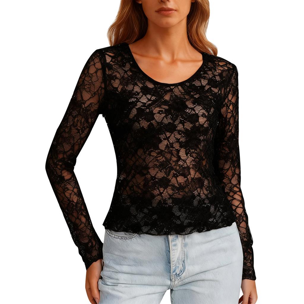 Long Sleeve Lace Shirts For Women Tees Blouses Casual Basic Tops Pullover Spring