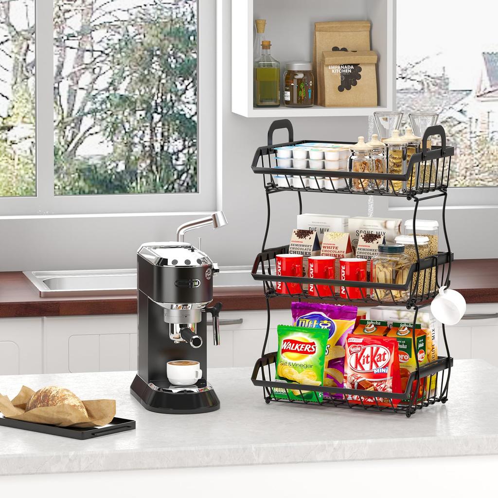 3 Tier Metal Fruit Basket Organizer - Countertop Storage For Fruits, Vegetables, Bread, Snacks, Space Saving Kitchen Counter Stand, Black - View #3