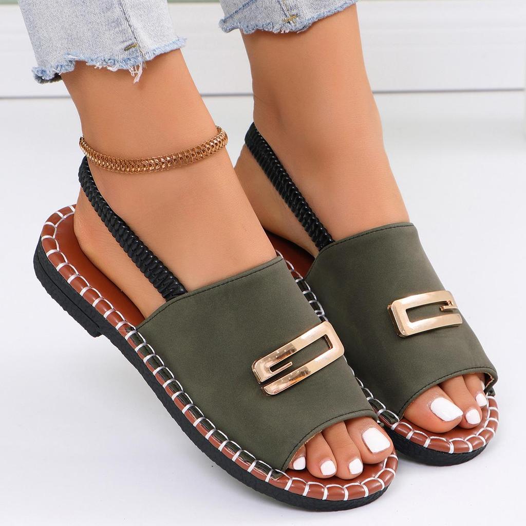 Women's European & American Flat Sandals with Elastic Fabric Band and Metal Accents, Plus Size, Beach-Ready.