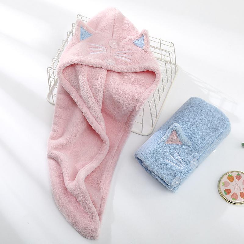 Cute Cartoon Embroidery Coral Fleece Water Absorbent Hair Cap for Women