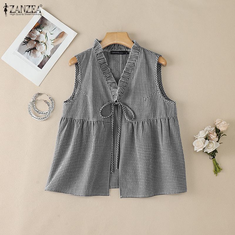 ZANZEA Women Plaid Print Casual V-Neck Sleeveless Blouse