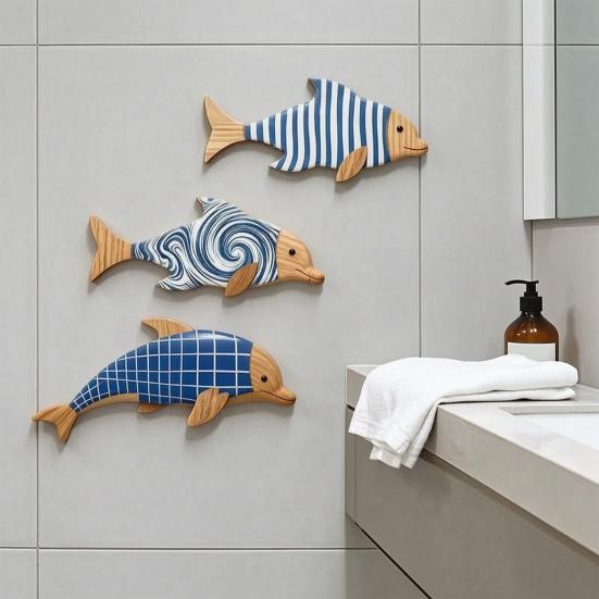 3Pcs/Set Geometric Wooden Dolphin Wall Decoration, Striped Wavy Plaid Fish Wall Art, Nautical Wall Hanging Ornament for Beach House, Bathroom