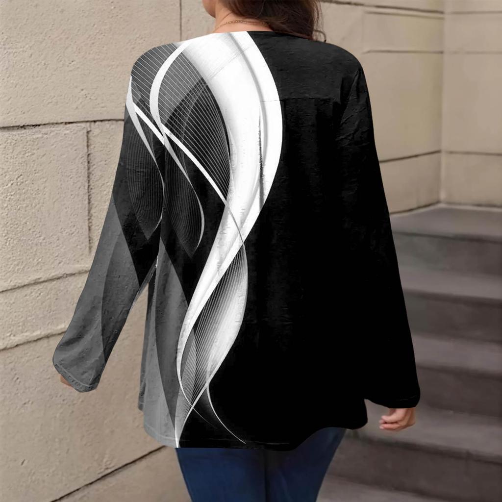 Women's Plus Size Fashion Printed Casual Pleated Round Neck Long Sleeve Top