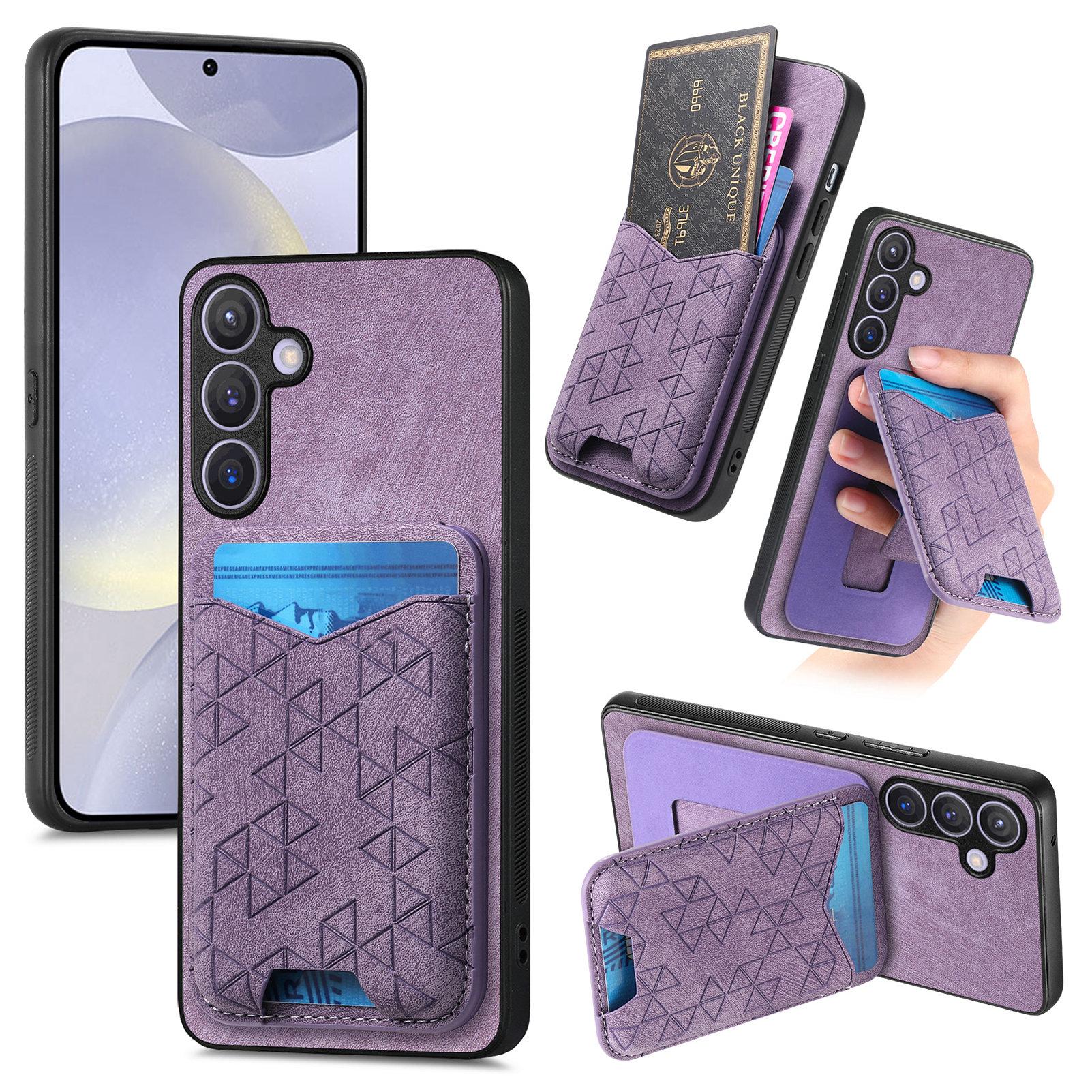 

For Samsung Galaxy S25+ Case Imprinted Pattern Card Holder Kickstand Leather Back Cover Purple