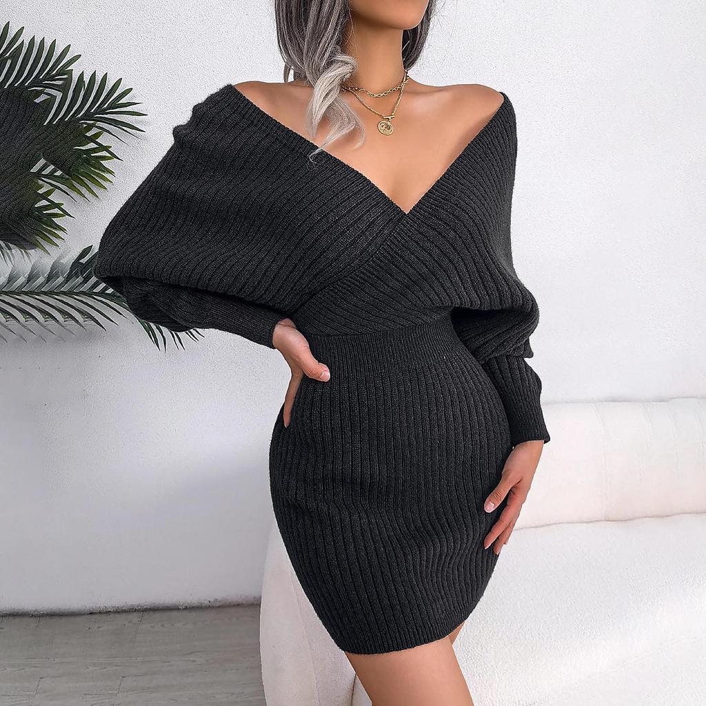 Dámská módní sexy sukně s výstřihem do V a zavinovacími šaty z vlny