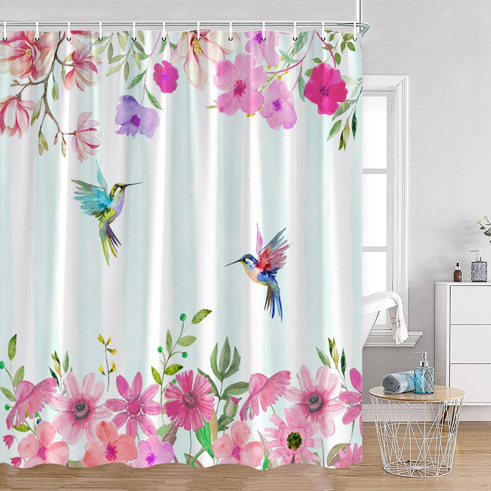 Cute Bird Plant Shower Curtain Hummingbird Pink Flower Green Leaves Nature Floral Bathroom Decor Polyester Bath Curtain