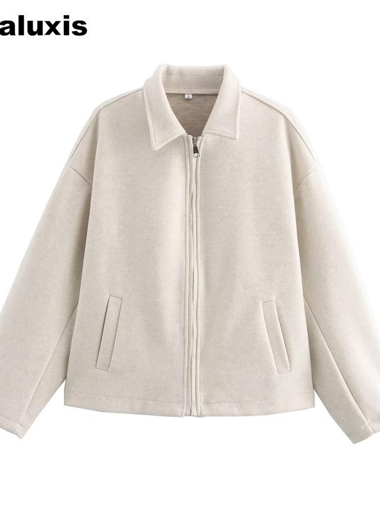 Women's Wind Pure Color Wide Fit Zippered Wool Coat Casual Versatile Autumn Winter Short Jacket