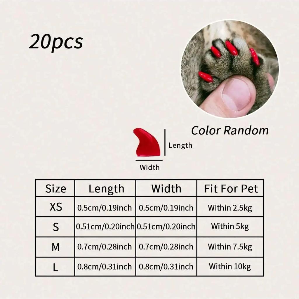 20 szt. - Miękkie nakładki na pazury dla kotów + 1x Klej + 1x Aplikator /* XS, S, M, L, osłonka, kot, łapa, pazur, ztp */