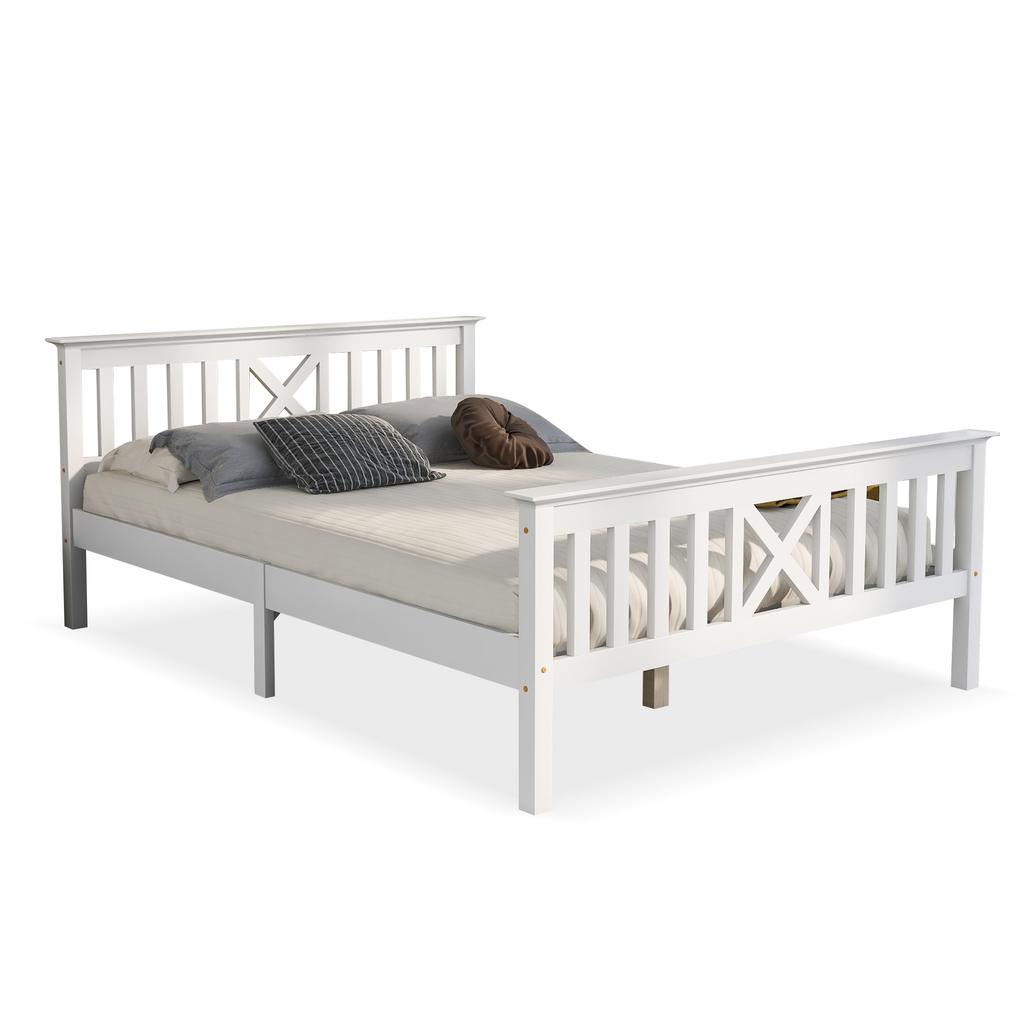 Holzbett Doppelbett aus Bettgestell mit Lattenrost Holzbett mit Kopfteil - 140 x 200 cm Massivholz Kinderbett Jugendbett Kiefer Massiv Weiß