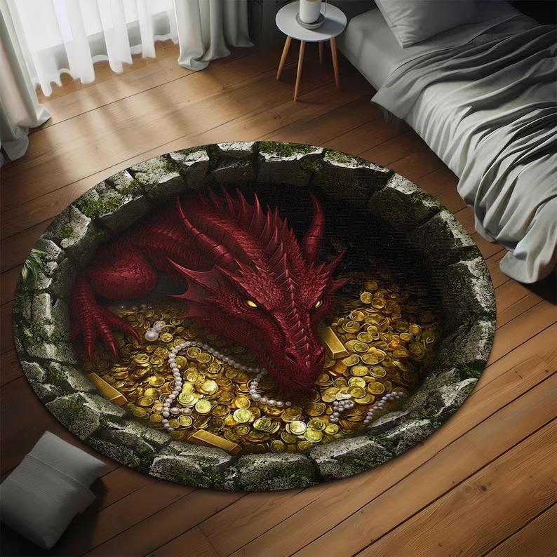 

2D Fantasy Dragon Round Rug Treasure Theme Home Decor Carpet Soft Non-Slip Floor Mat Gold Coins Pearls Gemstones Dark Dragon 80cm x 80cm