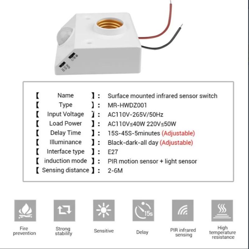 LED AC220V 110V 85-265V Automatic Human Body Infrared PIR Sensor Bulb Light E27 Base PIR Motion Detector Wall Lamp Holder Socket