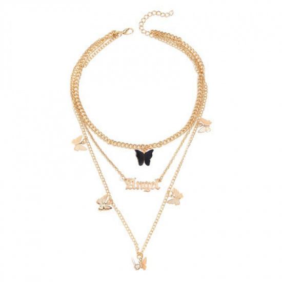 C189 Простая Милая Розовая Акриловая Бабочка Многослойная Нанизанная Ангел Подвеска Ожерелье чёрный