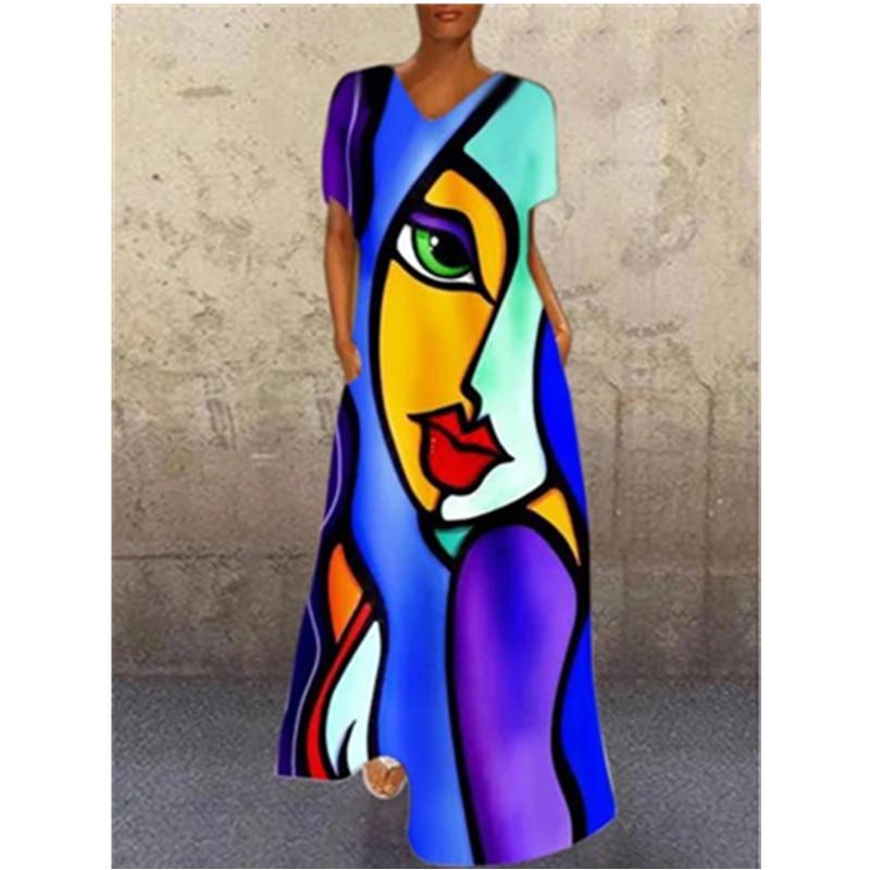 Xqwewanticeaa Women's Independent Station New European And American Dress Retro Portrait Cat Print V-Neck Four-Sided Elastic Dress Cm