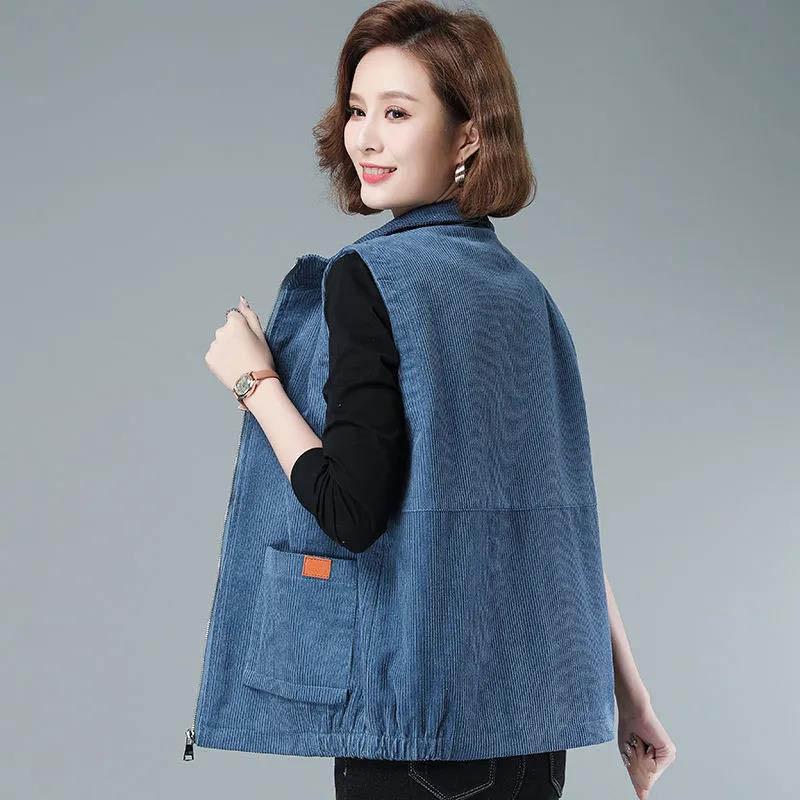 

Весенне-осенний жилет среднего возраста, женская одежда для мам, верхняя одежда с лацканами, вельветовый жилет, однотонная куртка без рукавов XXXL