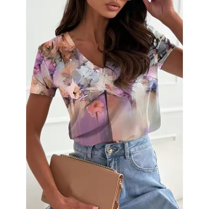 Summer Women's T-Shirt Y2k Women's T-Shirt 3D Gradient Floral Print V-Neck Short Sleeve Shirt Fashion Ladie T-Shirt Clothing