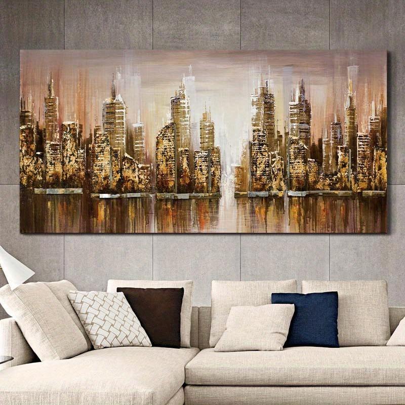 Texture Abstract Panoramic City Skyline Painting Canvas Painting Wall Art Painting Black Gold Artwork Living Decor