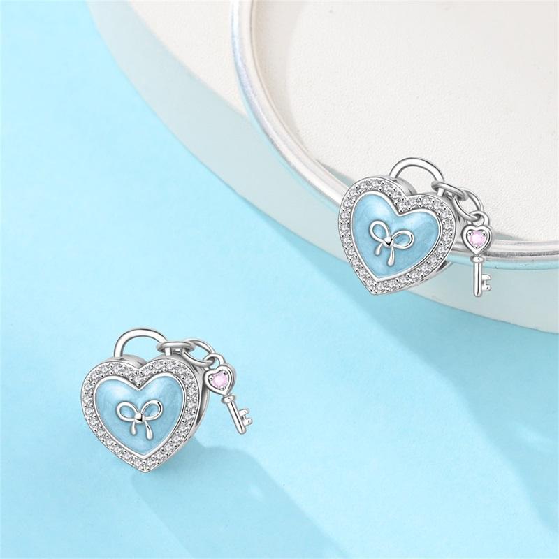 Original Charms Beads Copper Blue Romantic Heart-Shaped Lock Charms Pendant For Woman Jewelry Birthday Gift Making