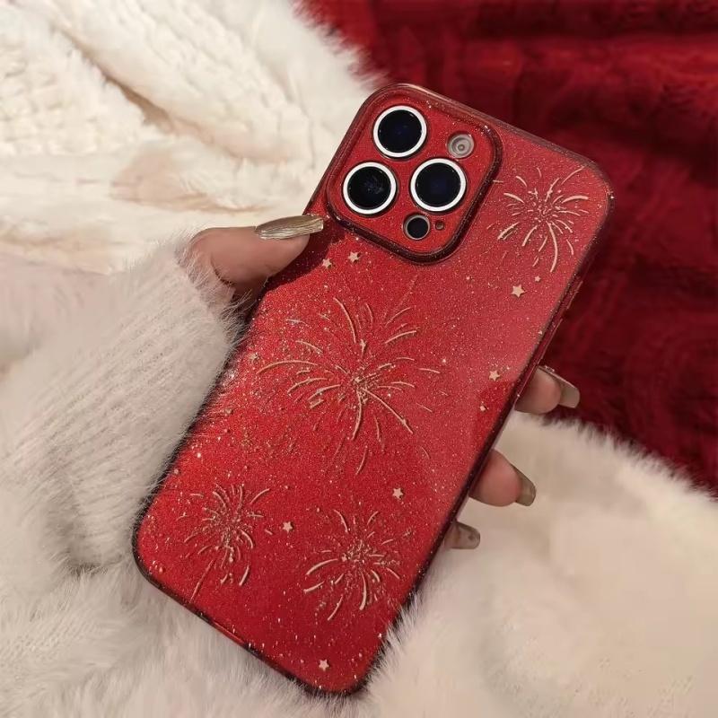 Luxury Bling Glitter Firework Pattern Case for 17 16 Pro Max 15 14 13, New Year Xmas Gift Red All-inclusive Protective Cover