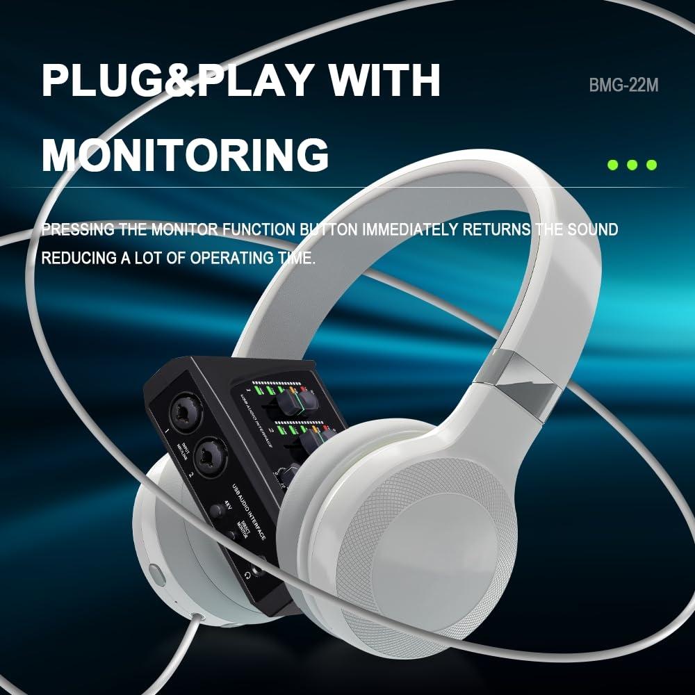 BOMGE Mini 2-kanals USB-lydgrensesnitt for opptak, streaming og podcasting med XLR48V Phantom Power, Studio Quality Audio Interface for gitar