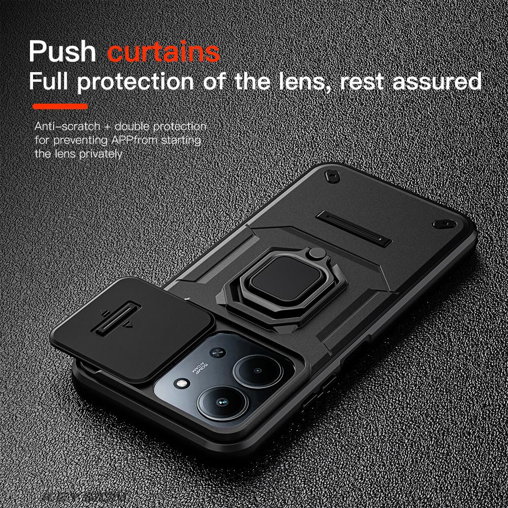 KEYSION Shockproof Armor Case for Redmi 15C 171mm 173mm Slide Camera Lens Protection Metal Ring Stand Phone Back Cover for POCO C85