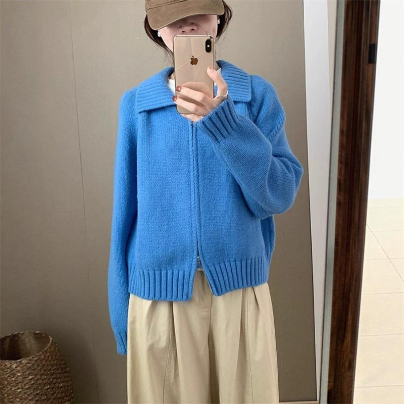 High-end Fashion Lapel Double Zipper Sweater Women's Autumn and Winter New Lazy Style Casual Knitted Cardigan Jacket