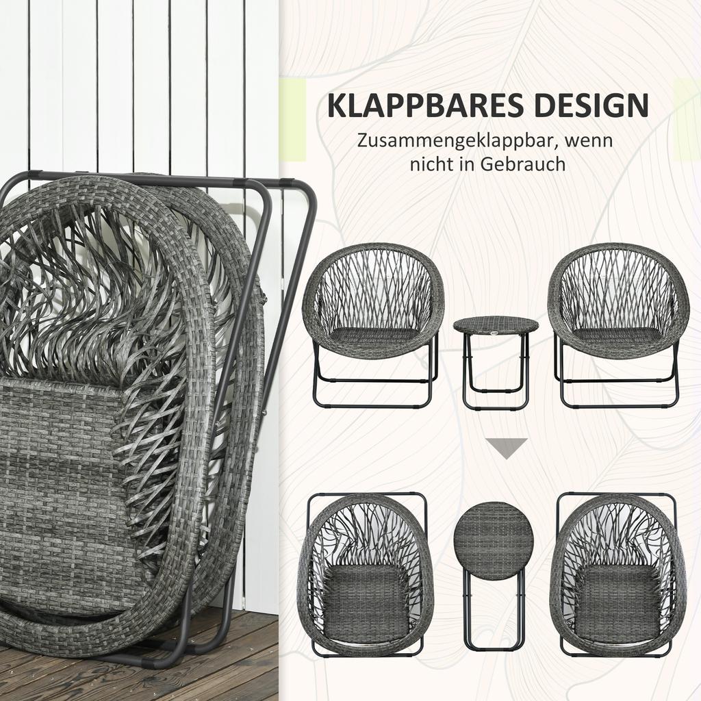 Garden Furniture Set, 3-Piece, Rattan Look, 2 Chairs, 1 Table, Foldable, Grey