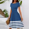Women's Casual Fashion Round Neck Pleated Short Sleeve Striped Printed A-Line Midi Dress