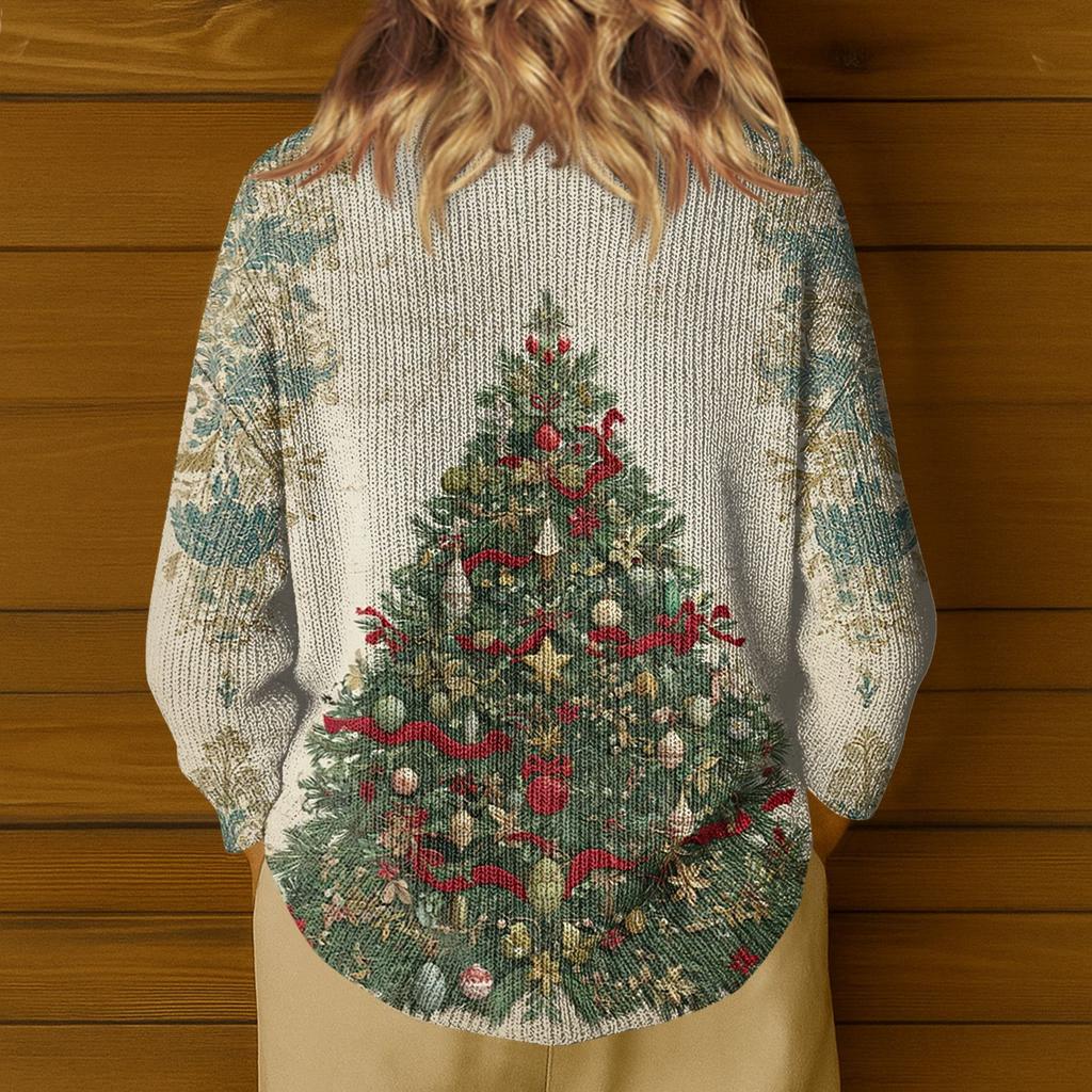 Kvinners avslappet V-hals langermet strikket julemønster genser