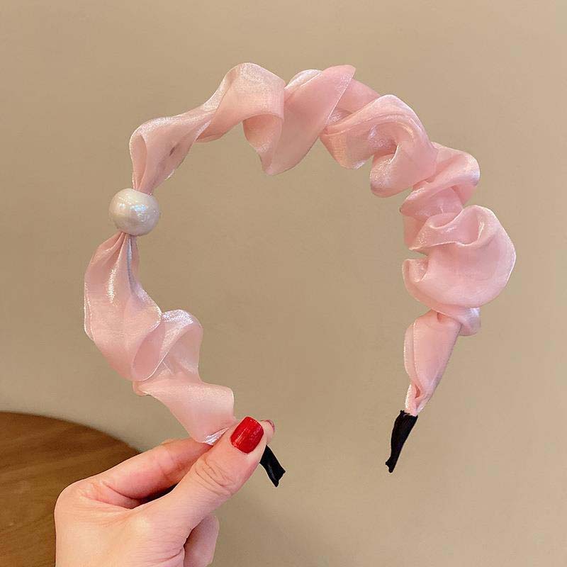 New Fashion Black Mesh Ruffle Pearl Headband For Women Girls Korean Sweet Lace Pleated Hoop Hair Band Hair Accessories