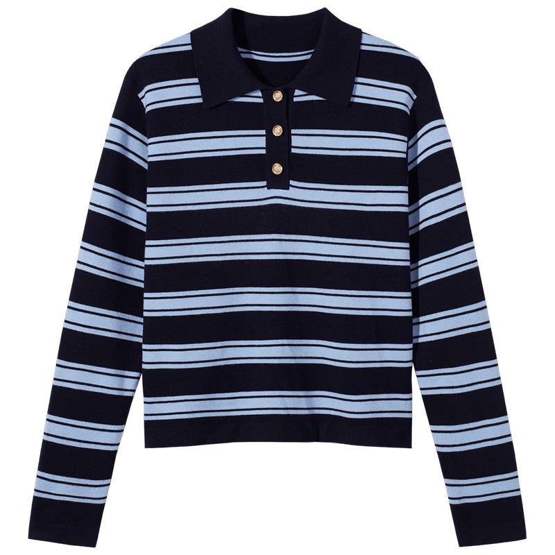 Hotwind Women's Striped Polo Neck Knitted Sweater