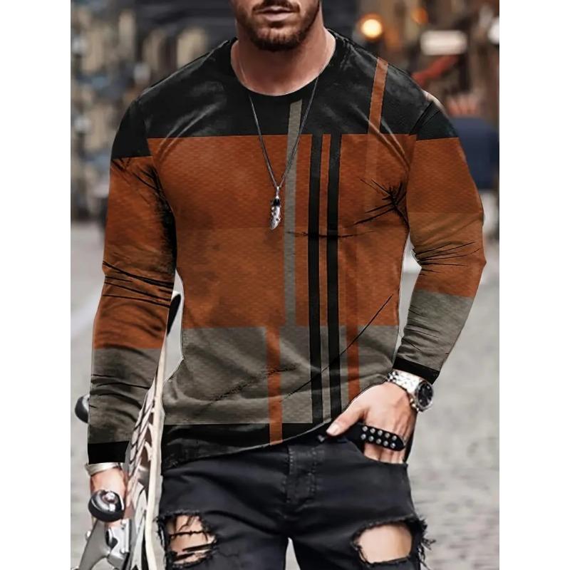 Vintage T-Shirt for Men Irregular Plaid Graphic T Shirts Round Neck Long Sleeve Tee Oversized Man Clothing Top Creative Clothing