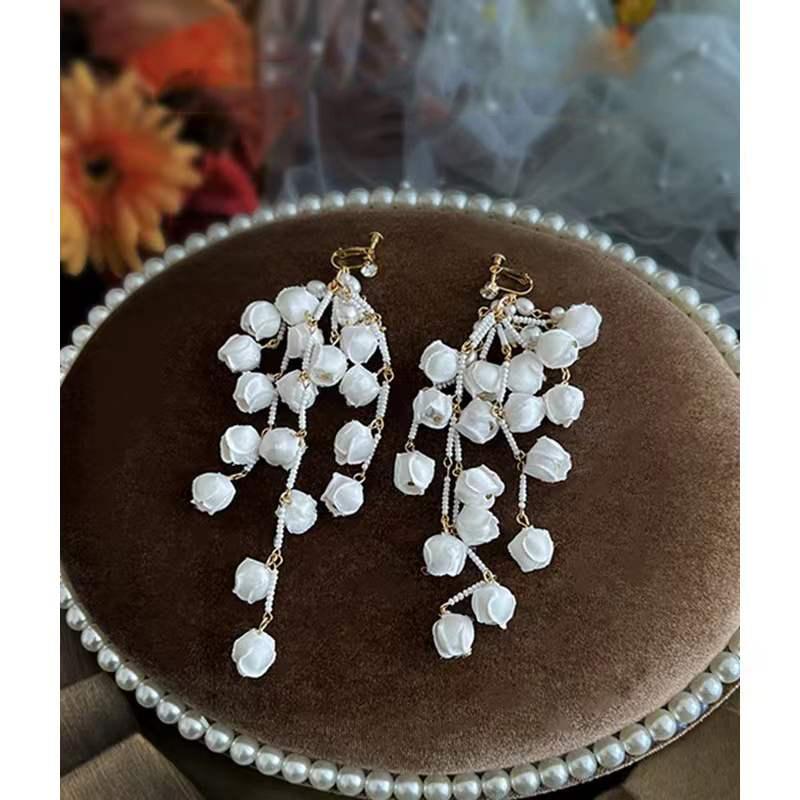 Pearls Wedding Earrings Handmade Flower Floral Drop Bridal Earring Brides Accessories Women Girl Party Jewelry
